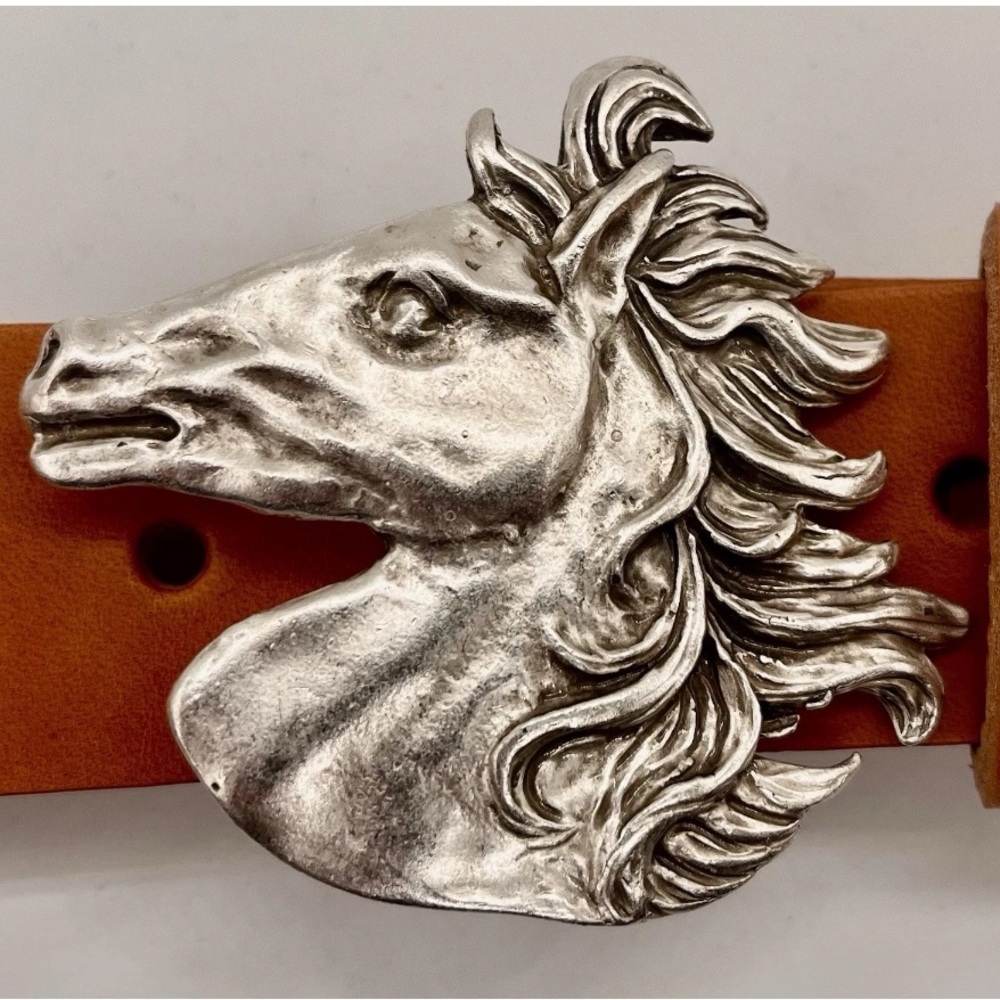 Silver Horse Head Buckle Tan Leather Belt with handmade leather belt.